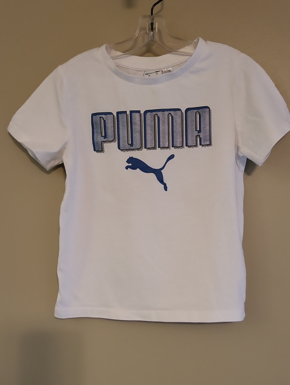 Puma white tee shirt with blue logo graphic